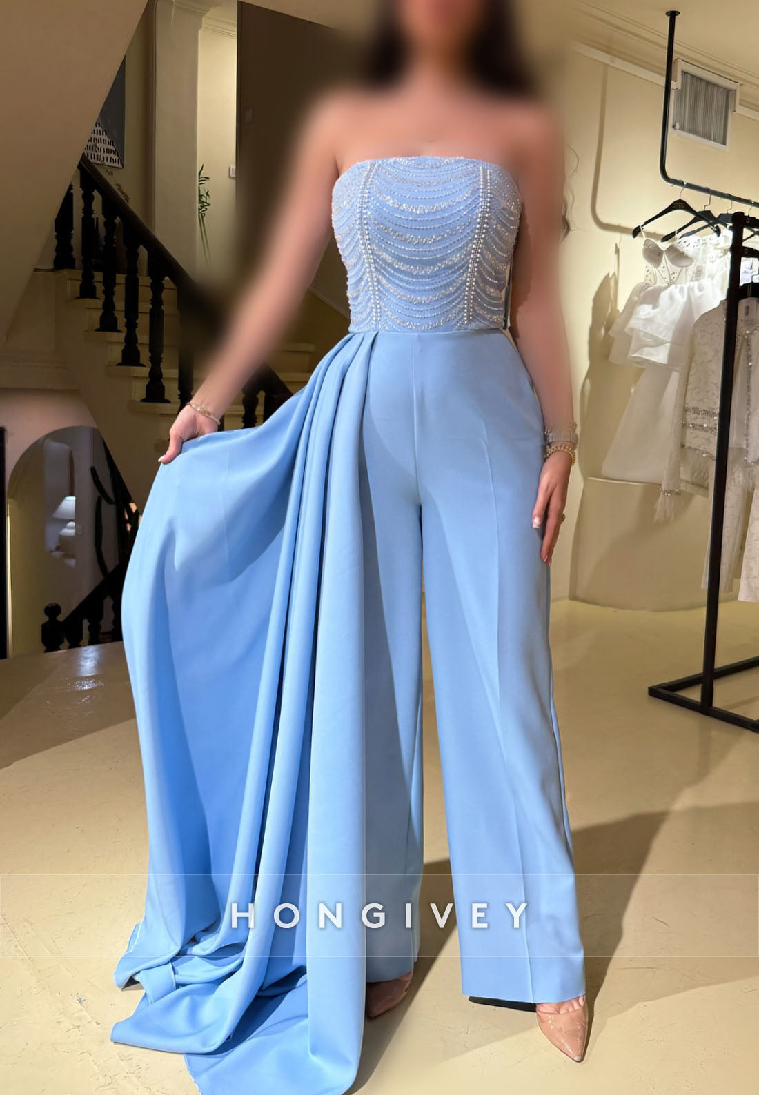Off the Shoulder Floor-Length Side Draping Jumpsuit Pleated Evening Gown