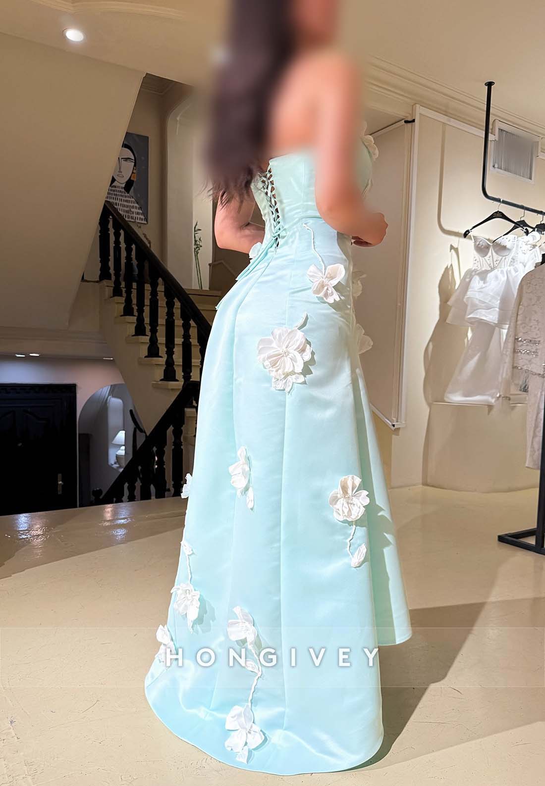 Handmade Flowers Pleated Strapless Ankle-Length A-line Low Back Evening Gown