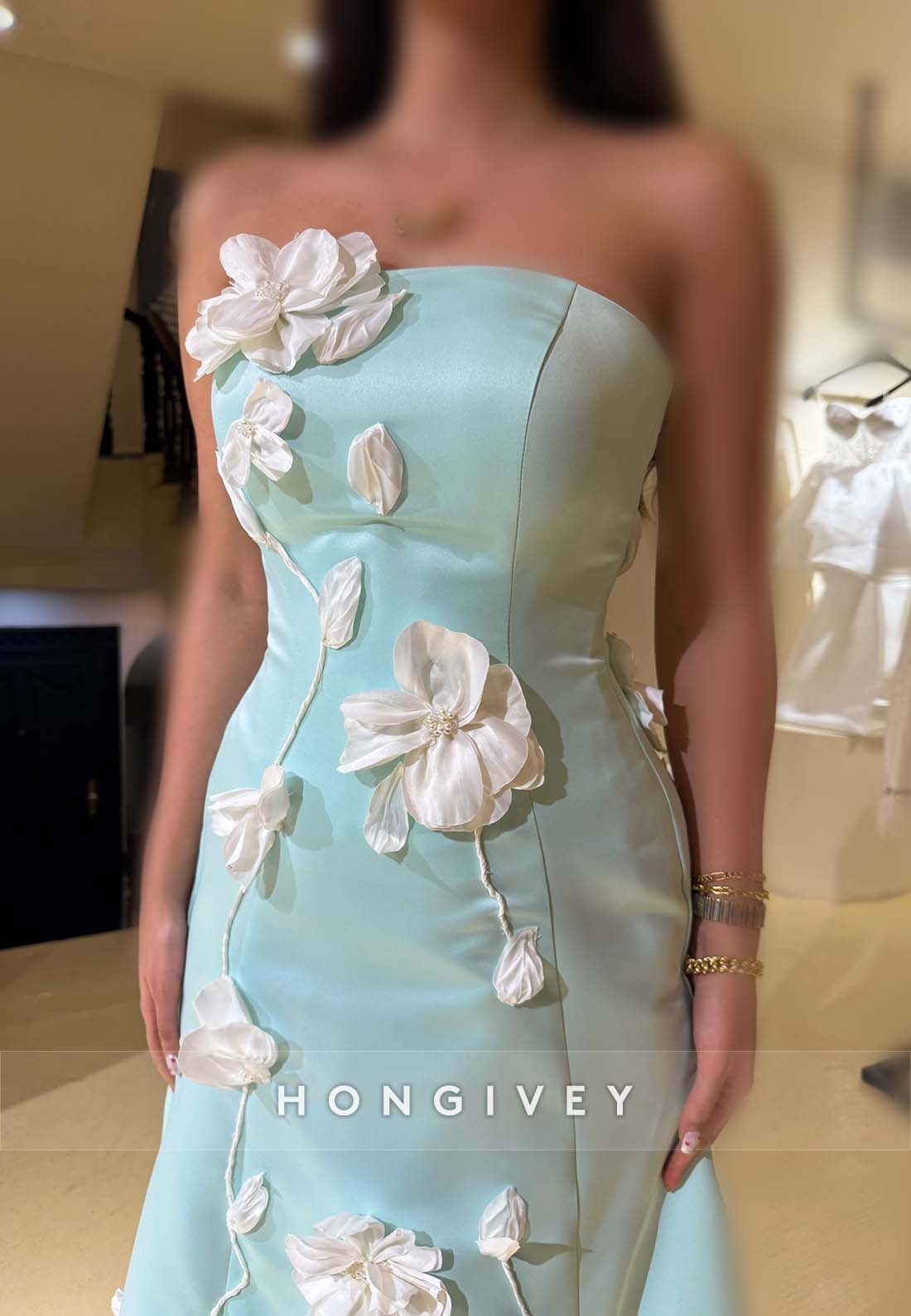 Handmade Flowers Pleated Strapless Ankle-Length A-line Low Back Evening Gown