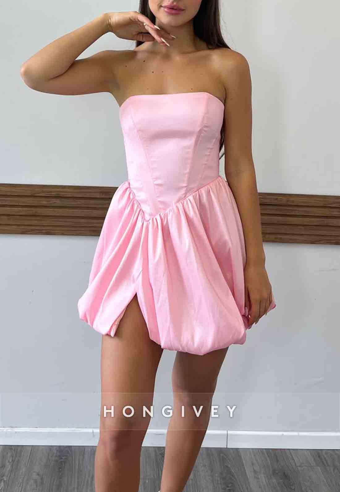 Sleeveless A-Line Pleated Strapless Side Slit Mini Homecoming Dresses