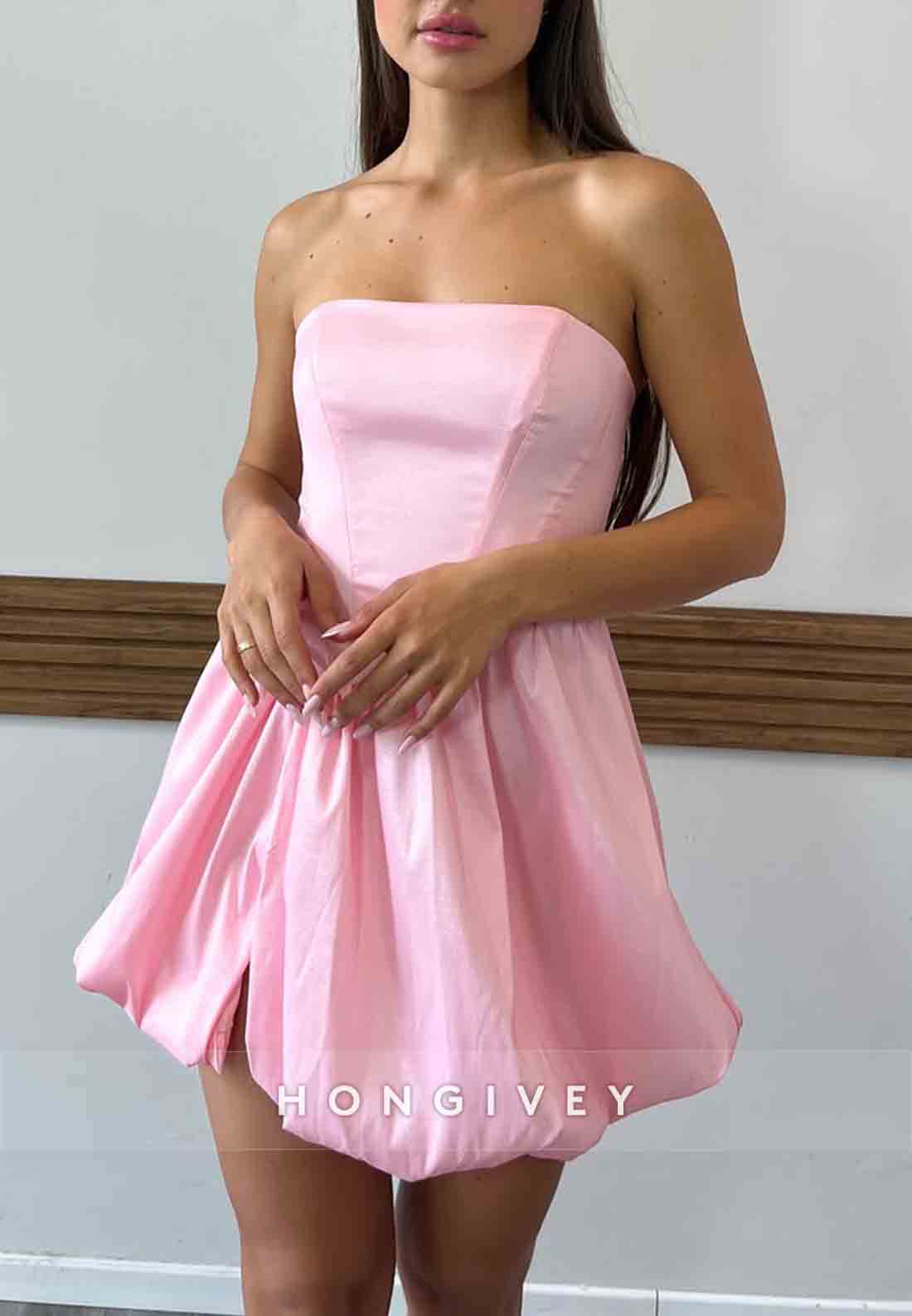 Sleeveless A-Line Pleated Strapless Side Slit Mini Homecoming Dresses