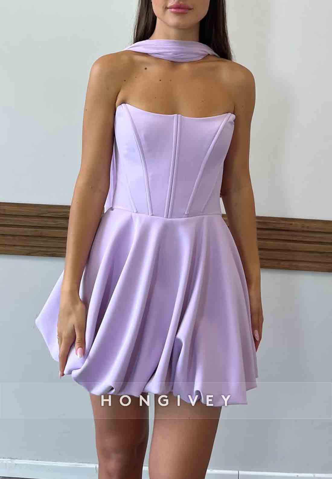 Simple Lilac Strapless A-Line Short Sleeveless Pleated Homecoming Dresses