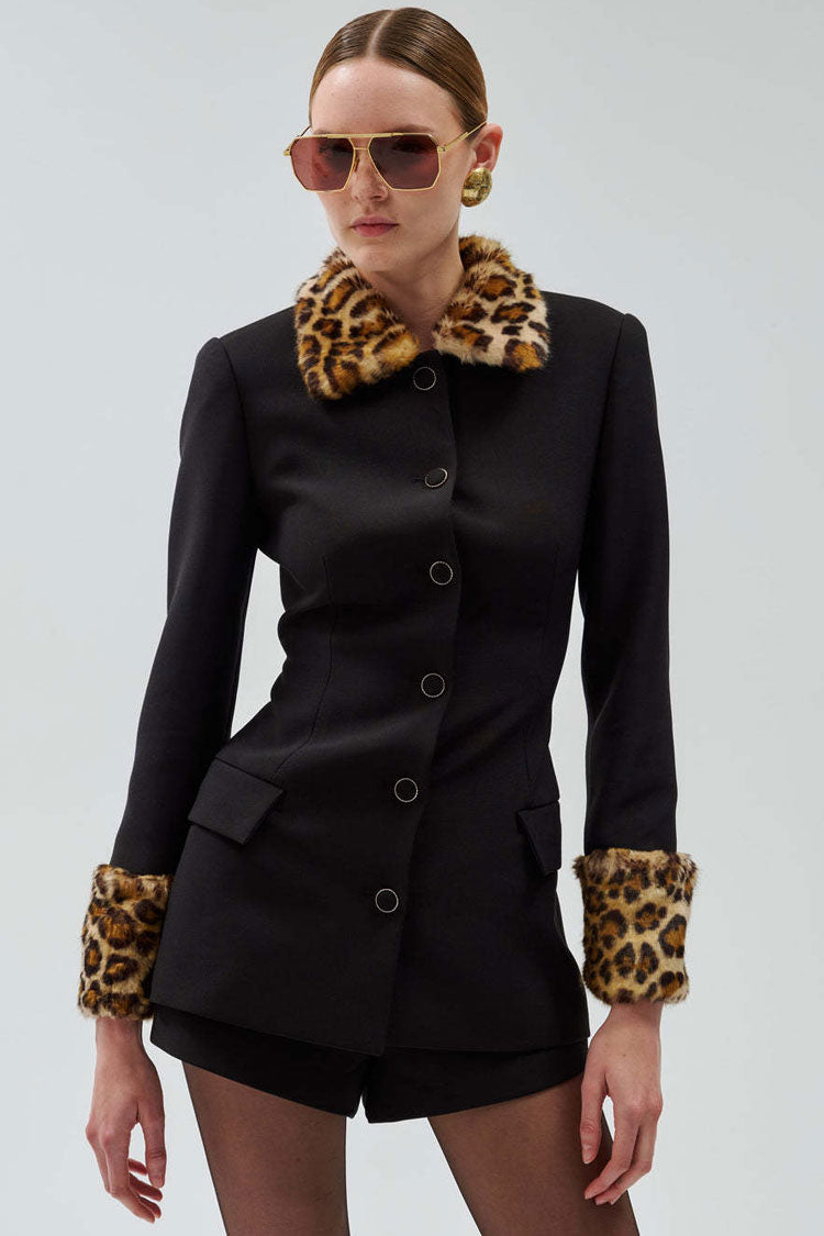 Sassy Leopard Print Faux Fur Collar Button Up Blazer Two Piece Shorts Set
