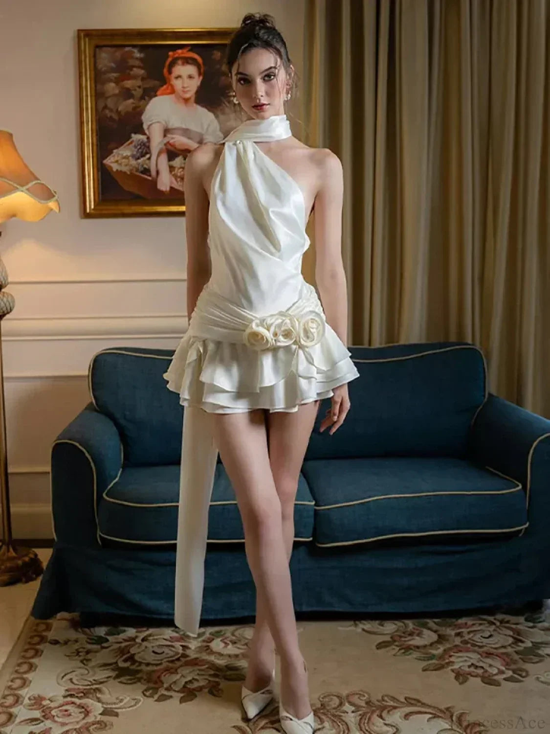 Satin 3D Flower Halter Mini Dress