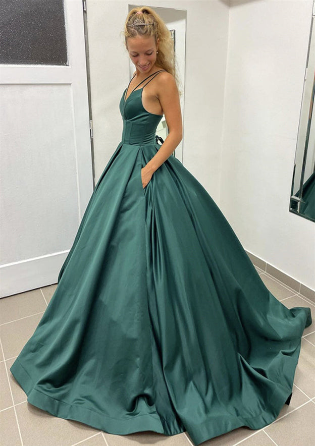Satin Prom Dress/Evening Dress with Pleated Pockets - Ball Gown Sleeveless Scalloped Neck Sweep Train - Fashionpara