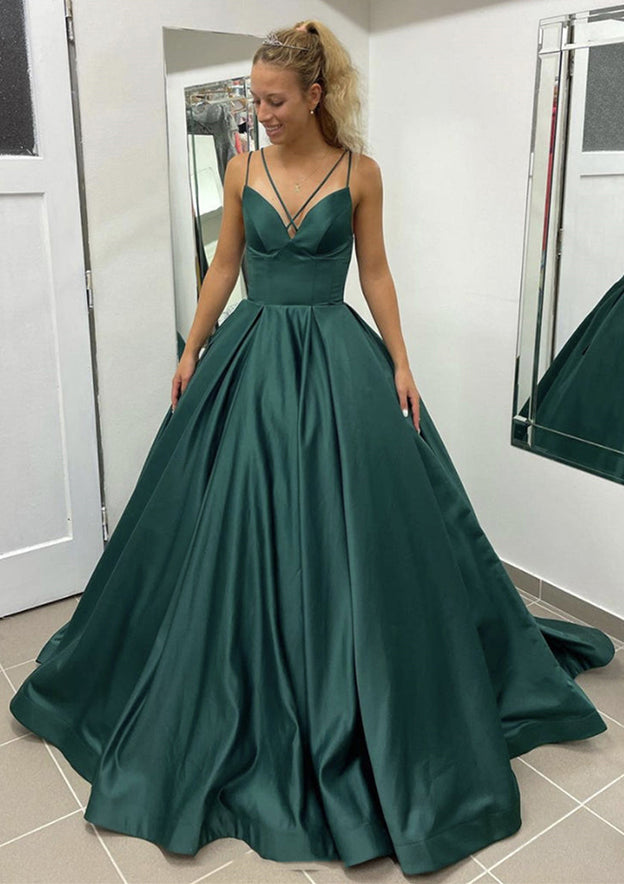 Satin Prom Dress/Evening Dress with Pleated Pockets - Ball Gown Sleeveless Scalloped Neck Sweep Train - Fashionpara