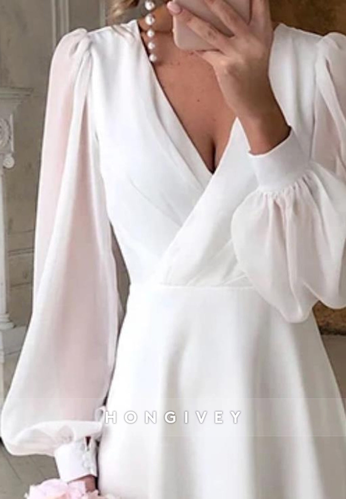 V Neck Tea-Length A-line Long Sleeve Pleated Wedding Dresses