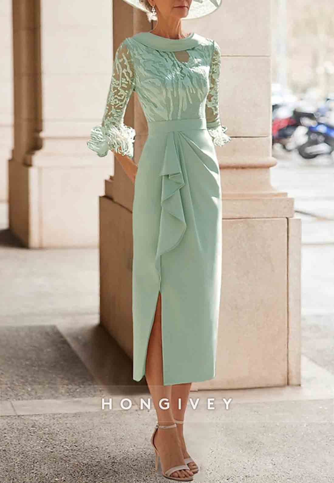 Pleated Feather 3/4 Sleeve Tea-Length Sheath Side Slit Mother of the Bride