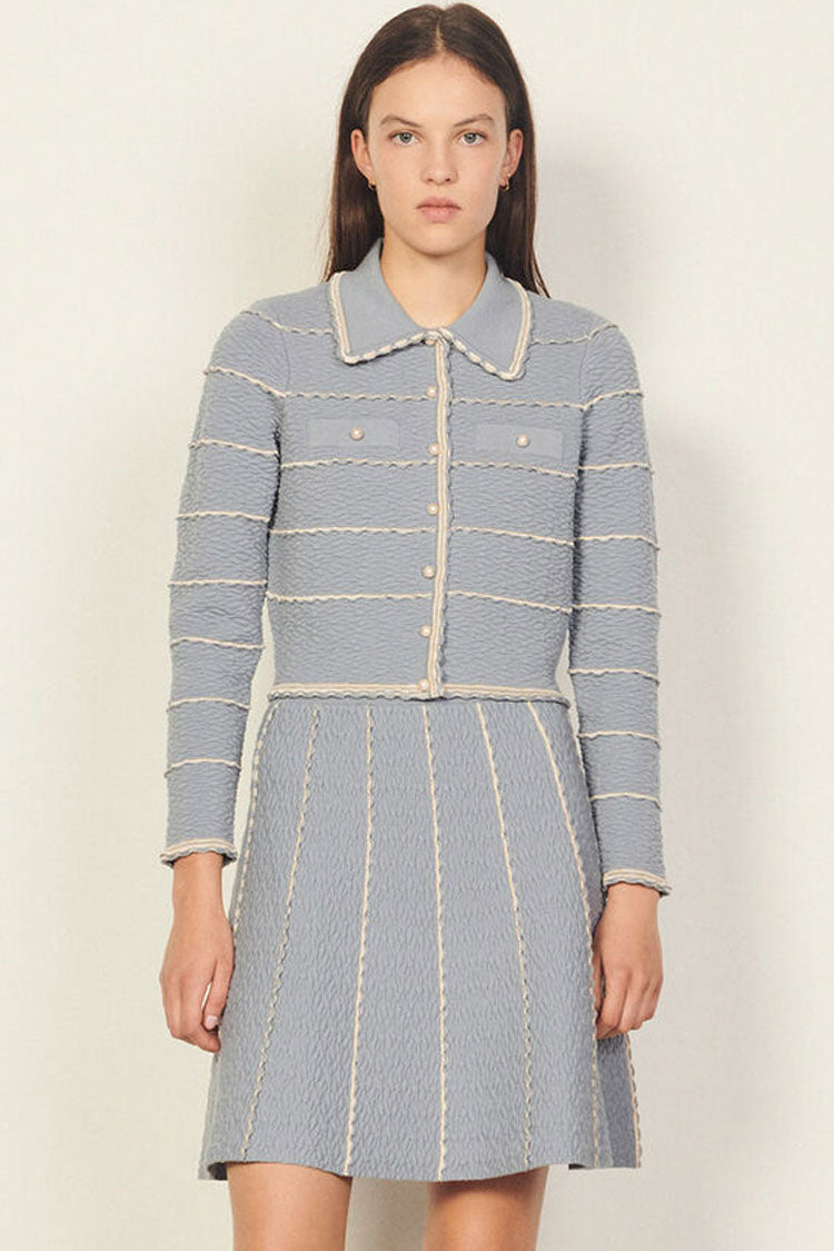 Scalloped Striped Cardigan Knit Skirt Two Piece Mini Dress - Blue - Fashionpara