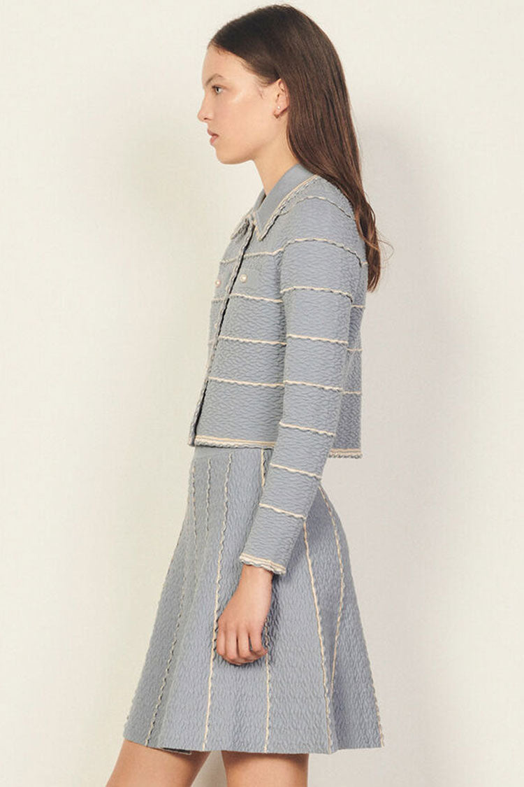 Scalloped Striped Cardigan Knit Skirt Two Piece Mini Dress - Blue - Fashionpara
