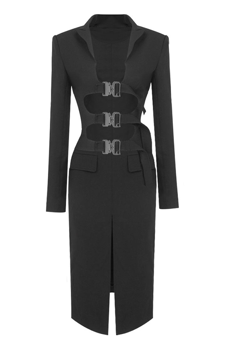 Sculptural Buckled Front Long Sleeve Cutout Blazer Two Piece Midi Dress - Black - Fashionpara