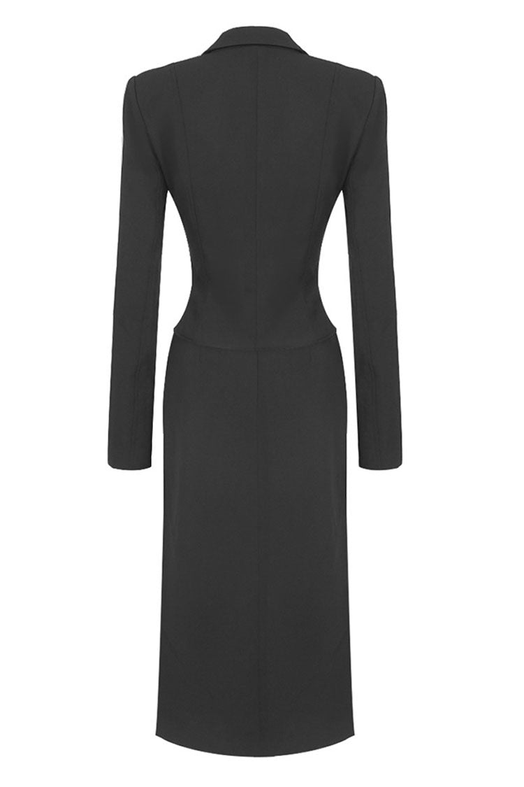 Sculptural Buckled Front Long Sleeve Cutout Blazer Two Piece Midi Dress - Black - Fashionpara