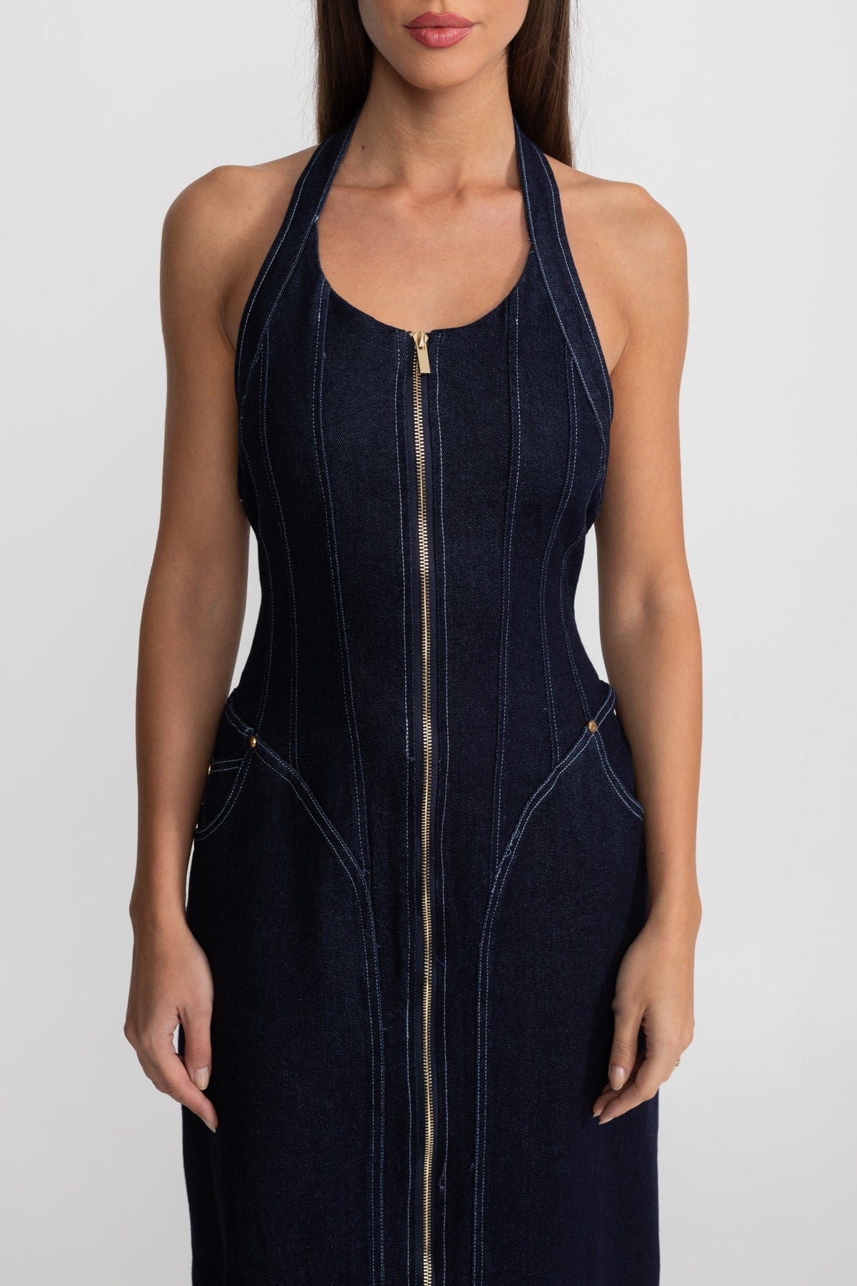 Denim Halter Neck Front Zip Corset Seam Midi Dress - View 3