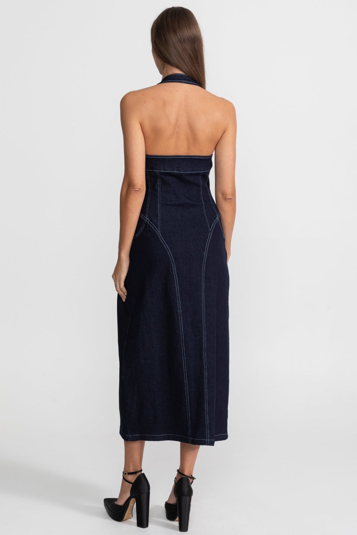 Denim Halter Neck Front Zip Corset Seam Midi Dress - View 2