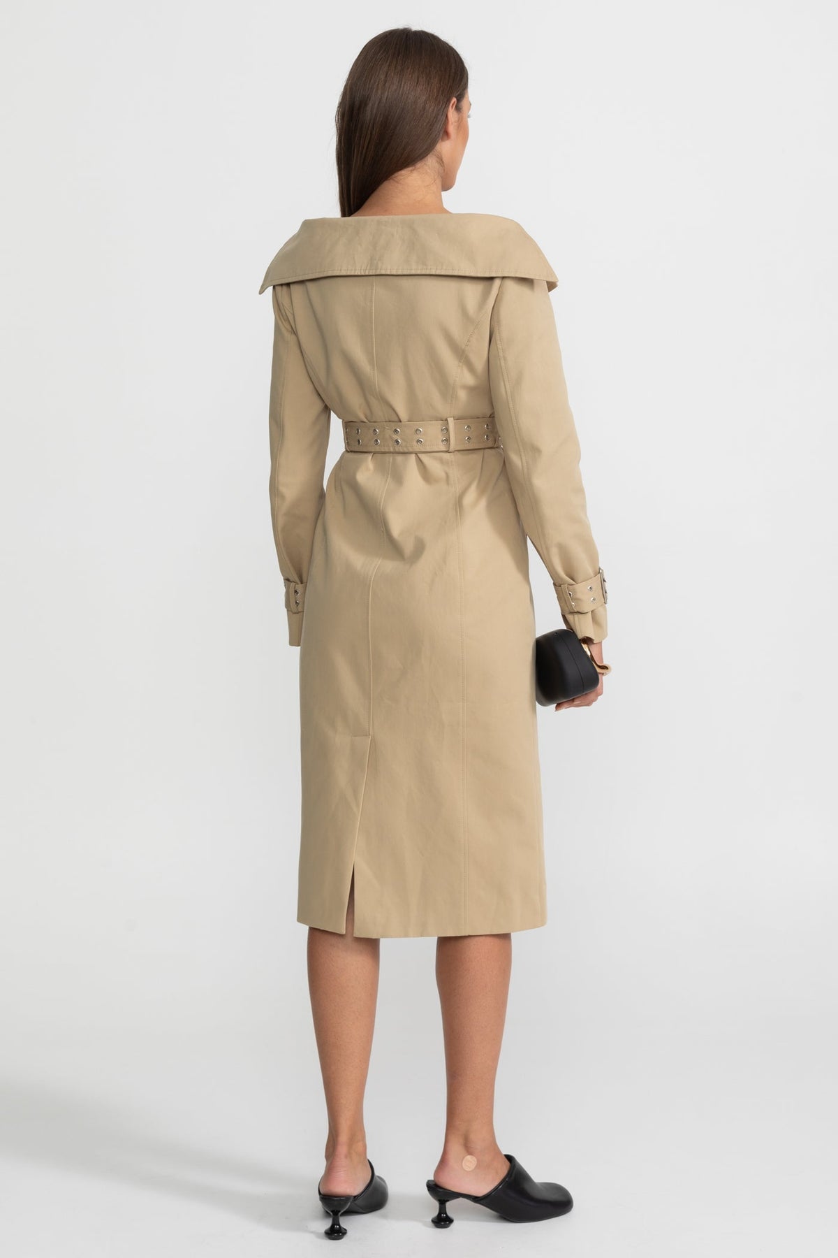 Off Shoulder Double Breasted Belted Trench Midi Dress - View 6