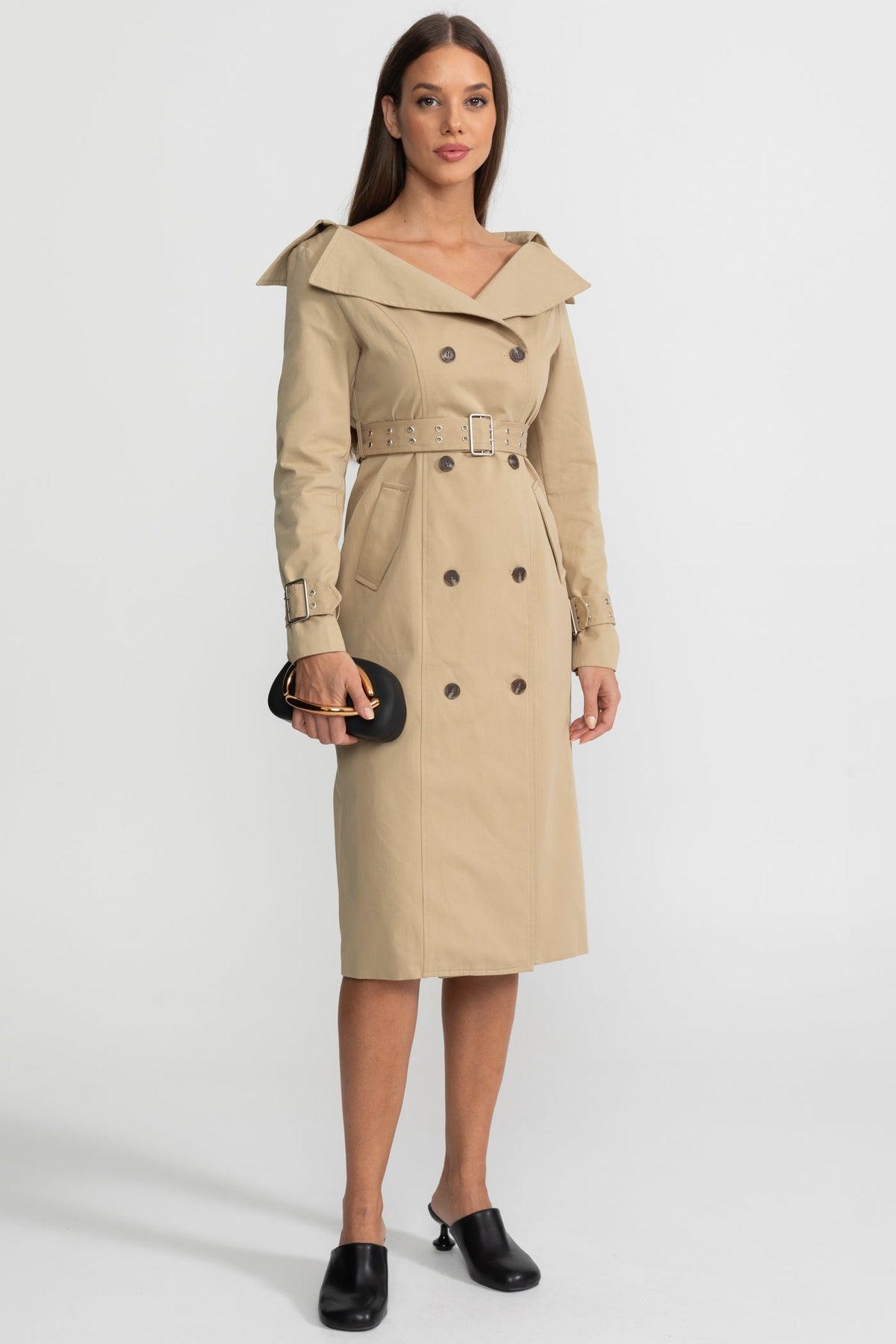 Off Shoulder Double Breasted Belted Trench Midi Dress - View 4