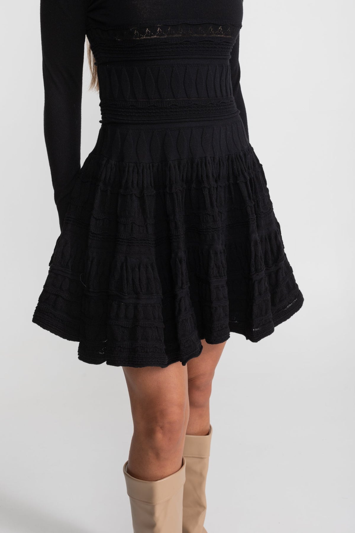Textured Knit Mini Dress with Flared Skirt - Black - View 5