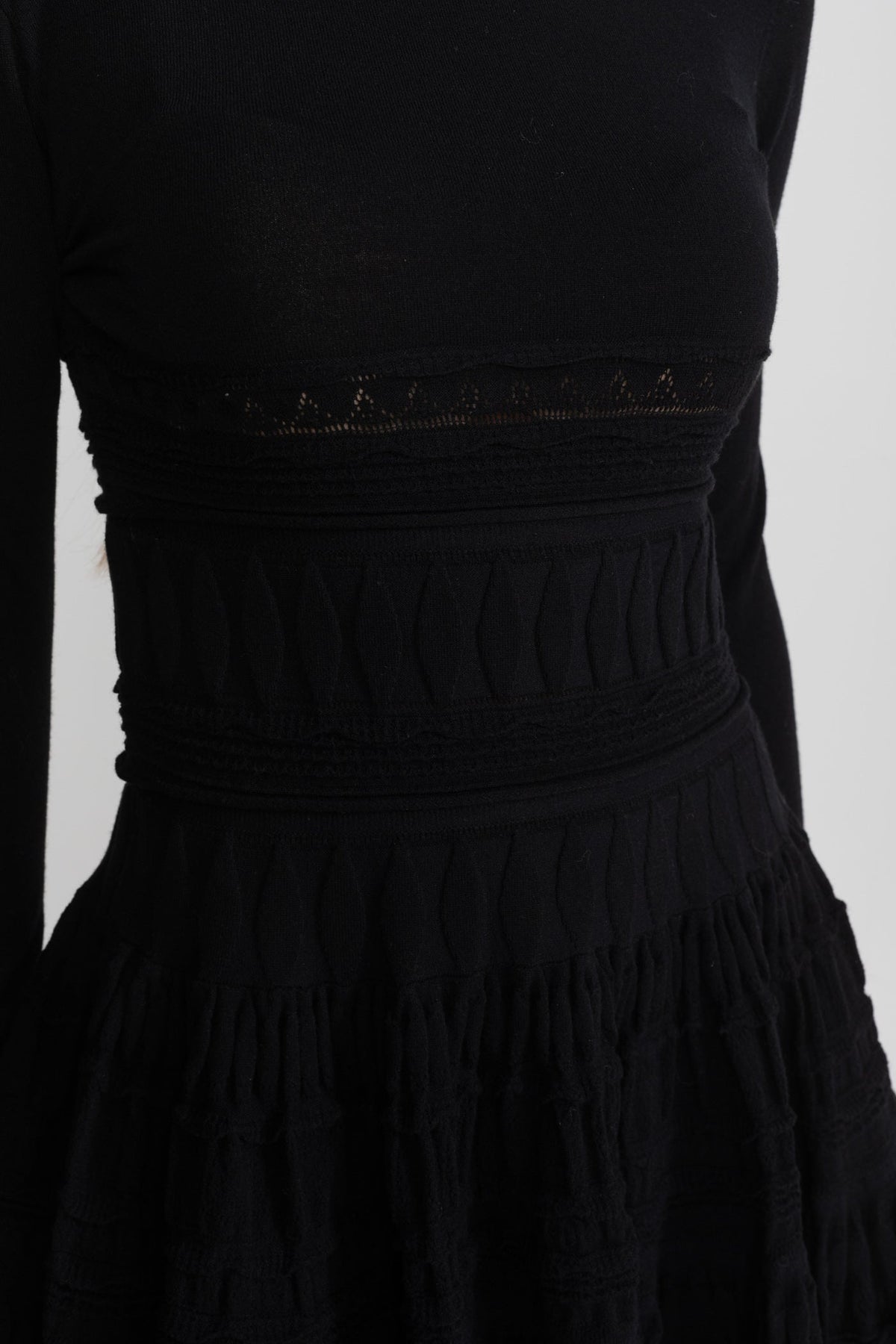 Textured Knit Mini Dress with Flared Skirt - Black - View 8