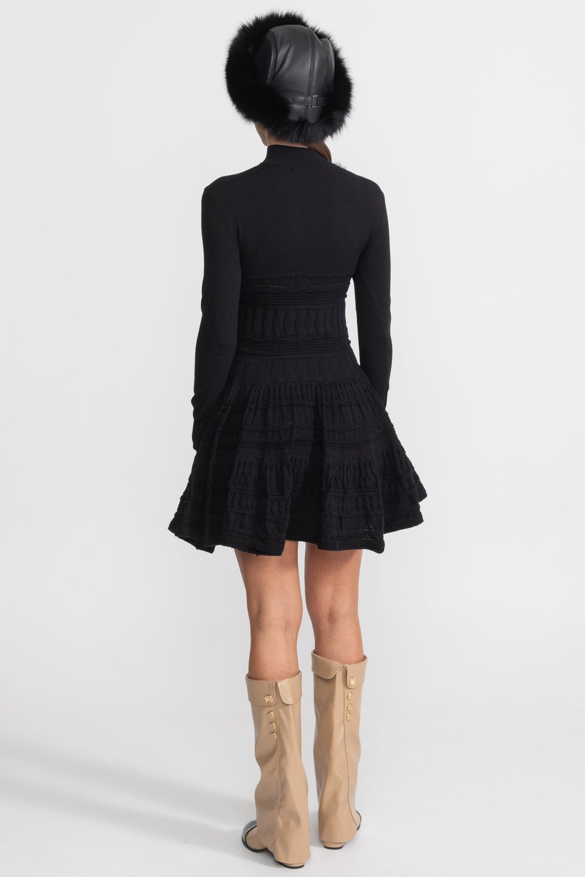 Textured Knit Mini Dress with Flared Skirt - Black - View 4