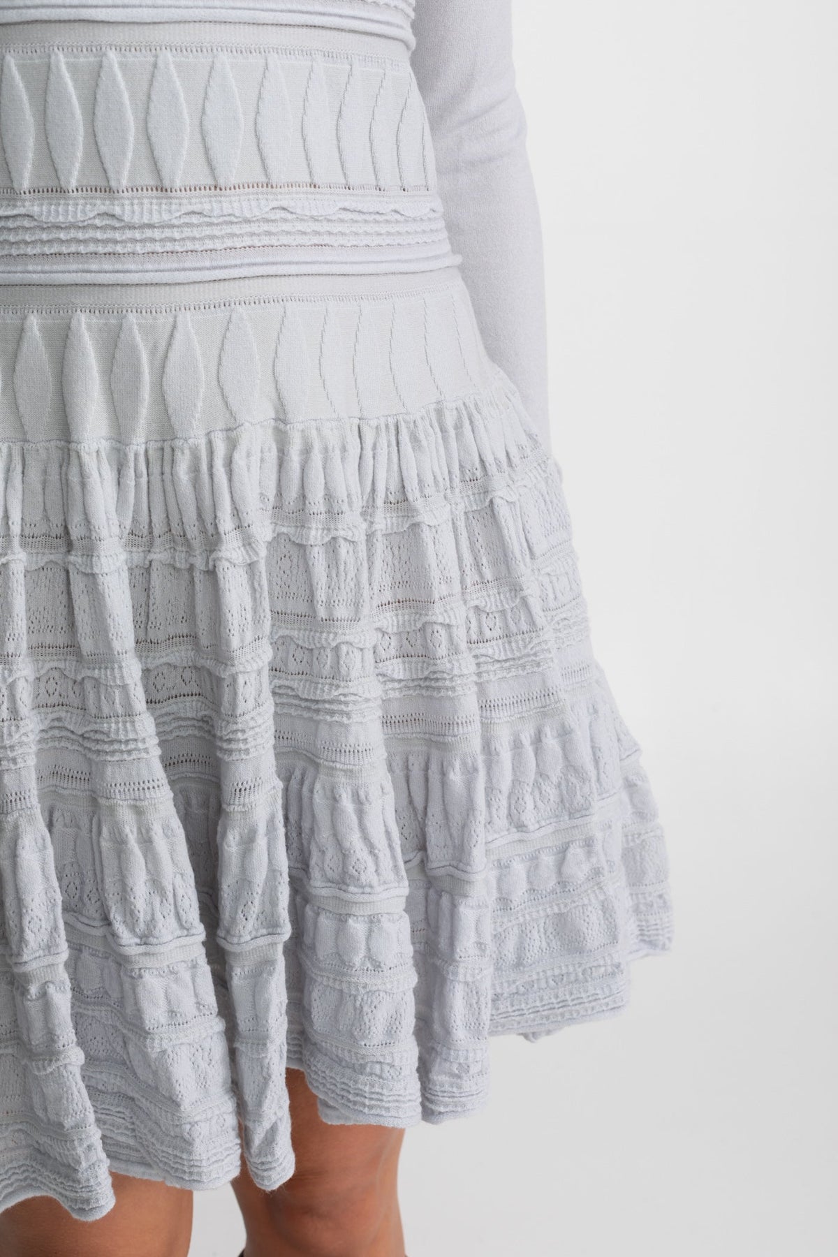 Textured Knit Mini Dress with Flared Skirt - Light Gray - View 6