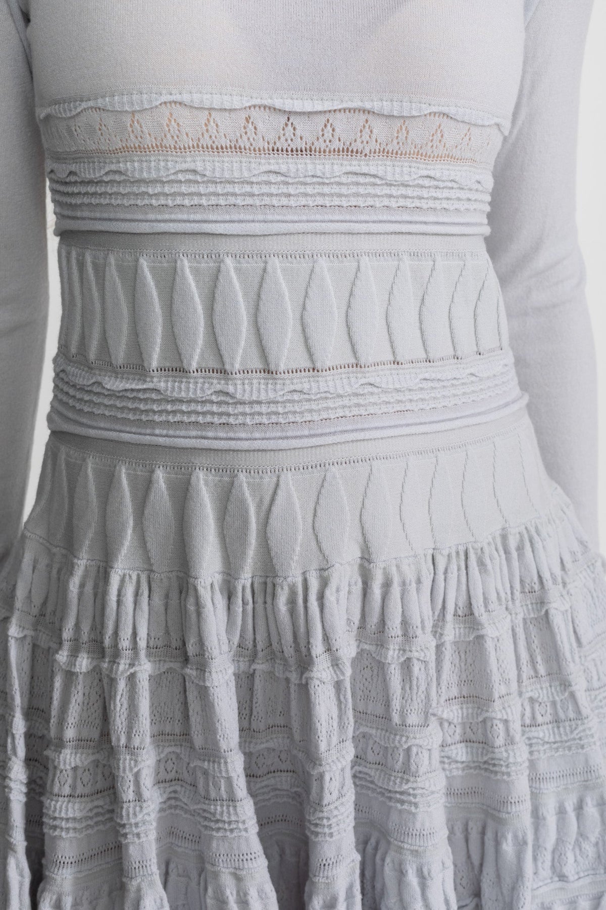 Textured Knit Mini Dress with Flared Skirt - Light Gray - View 7