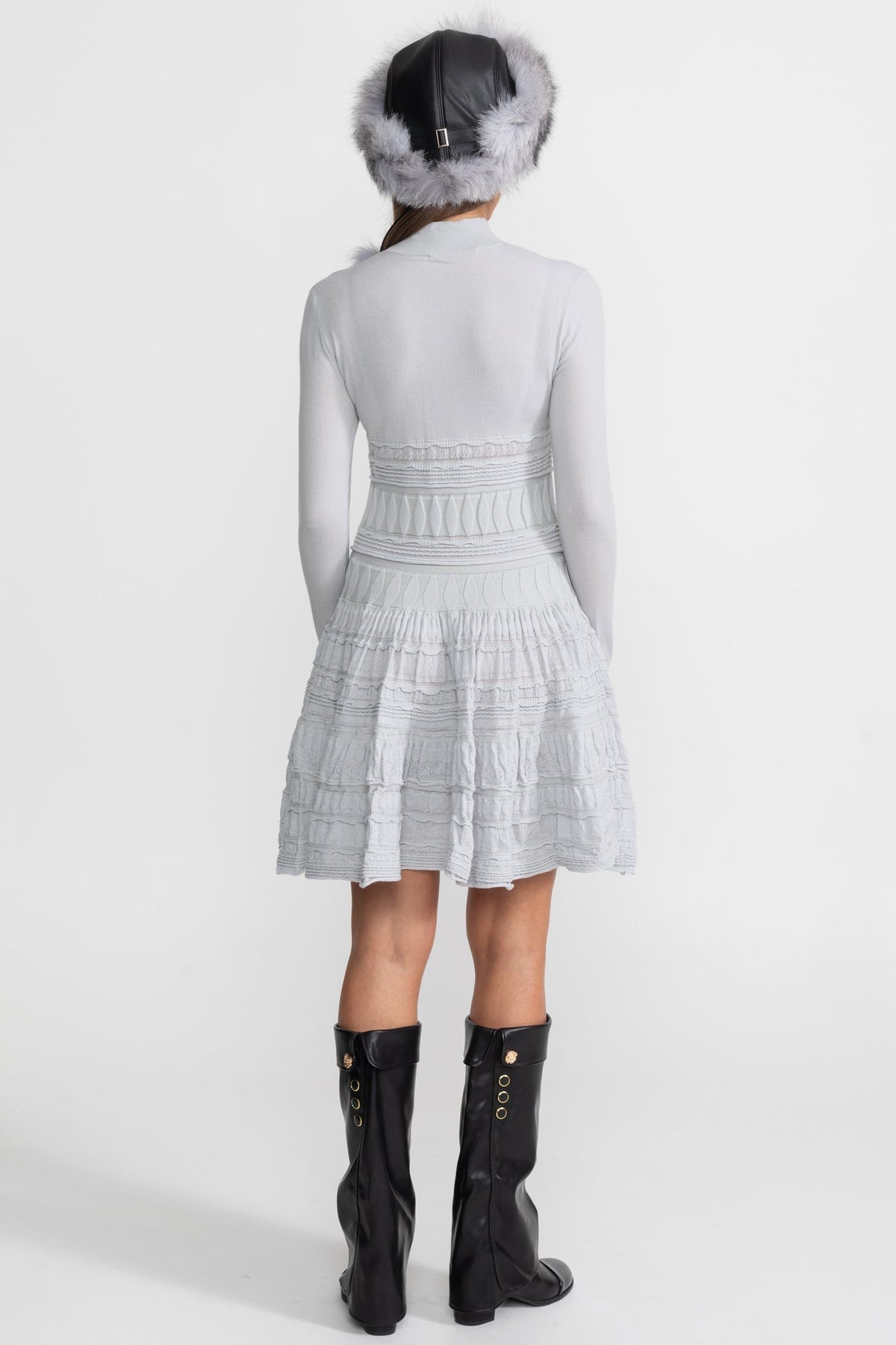 Textured Knit Mini Dress with Flared Skirt - Light Gray - View 4