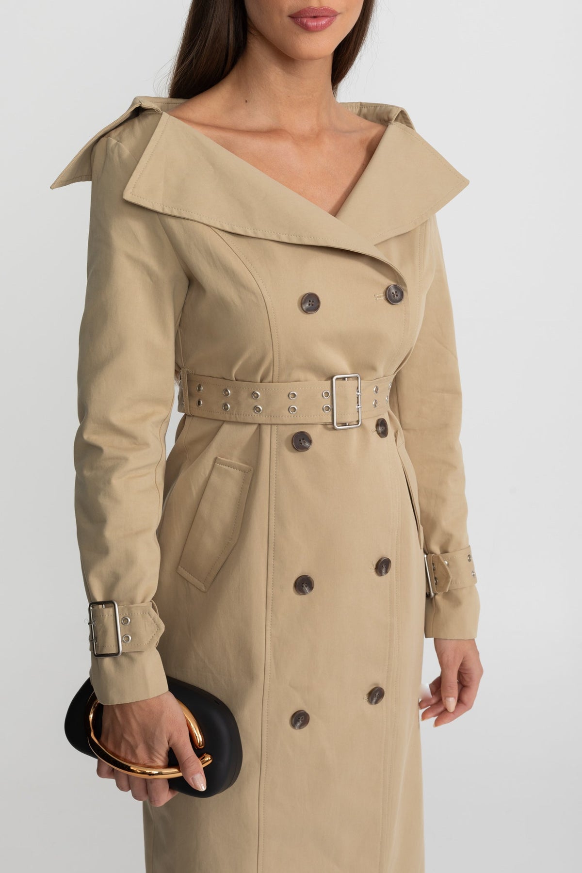 Off Shoulder Double Breasted Belted Trench Midi Dress - View 5