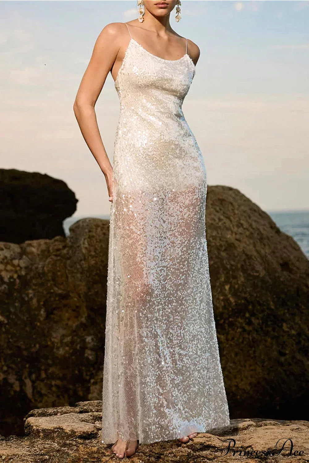 Sequin Backless Cami Stylish Maxi Dress White / S