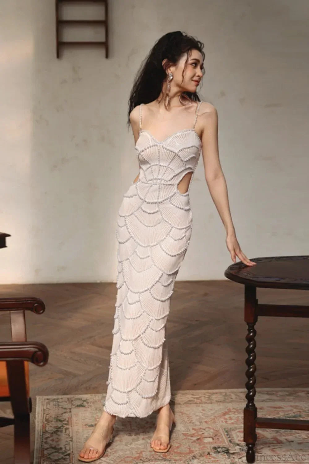 Beaded Scallop Sweetheart Cut Out Maxi Dress