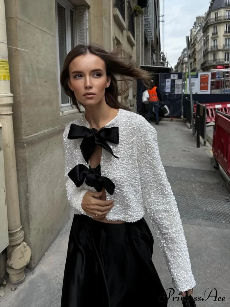 Sequin Bow Lace-Up Short Coat Milky White / Xs Coats-241208