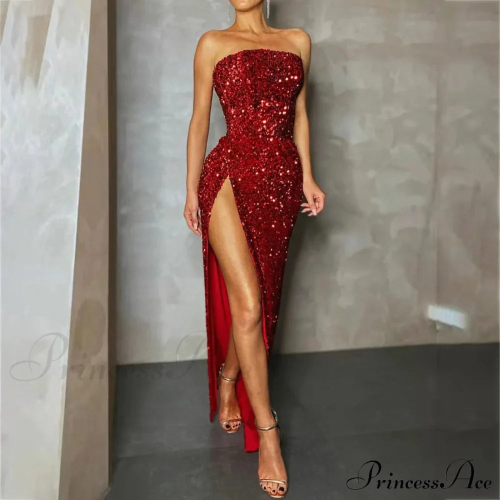 Sequin High Slit Christmas Party Dress Red / M Dresses-L