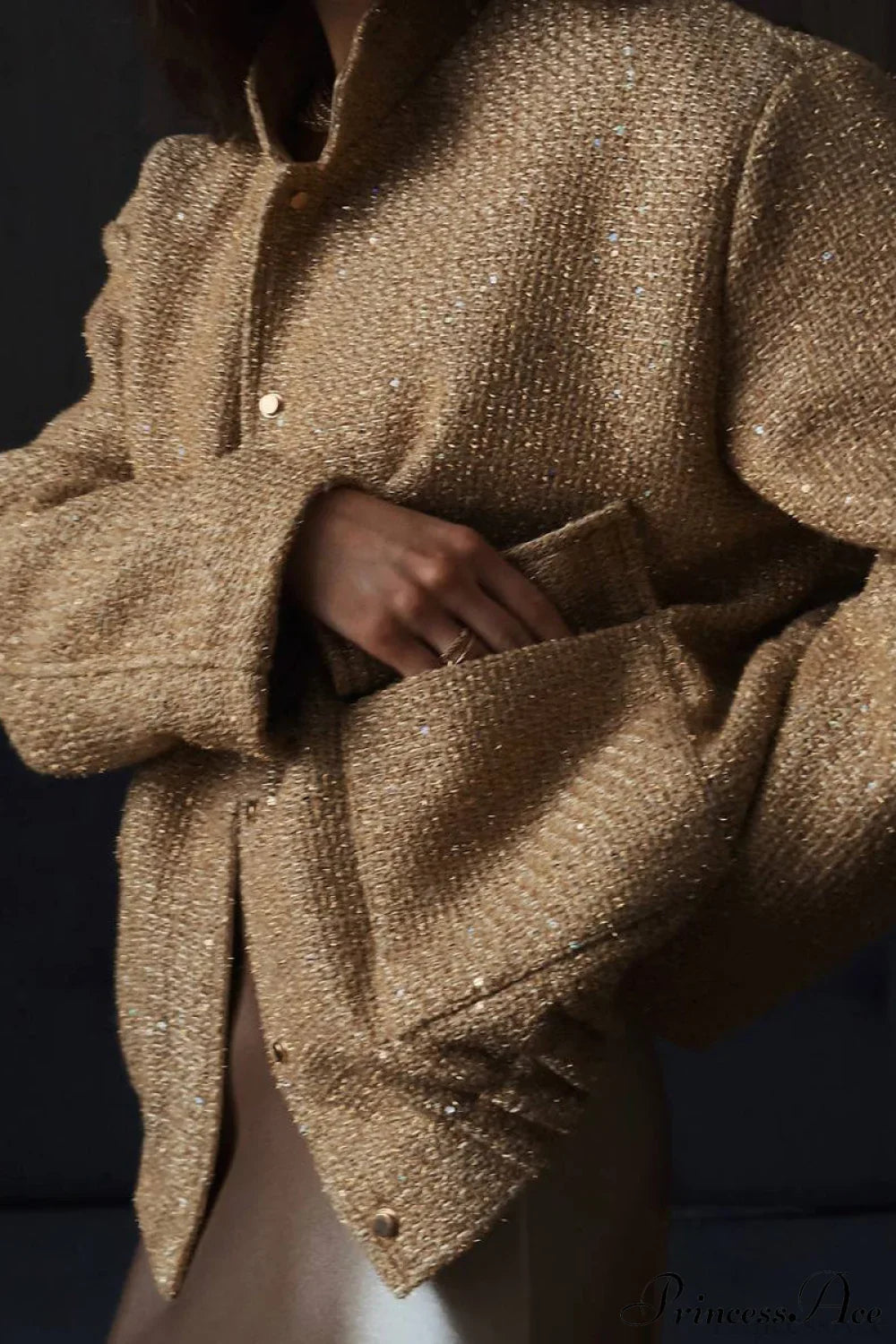 Metallic Sequin Stand Collar Loose Fashion Coat for Chic Style