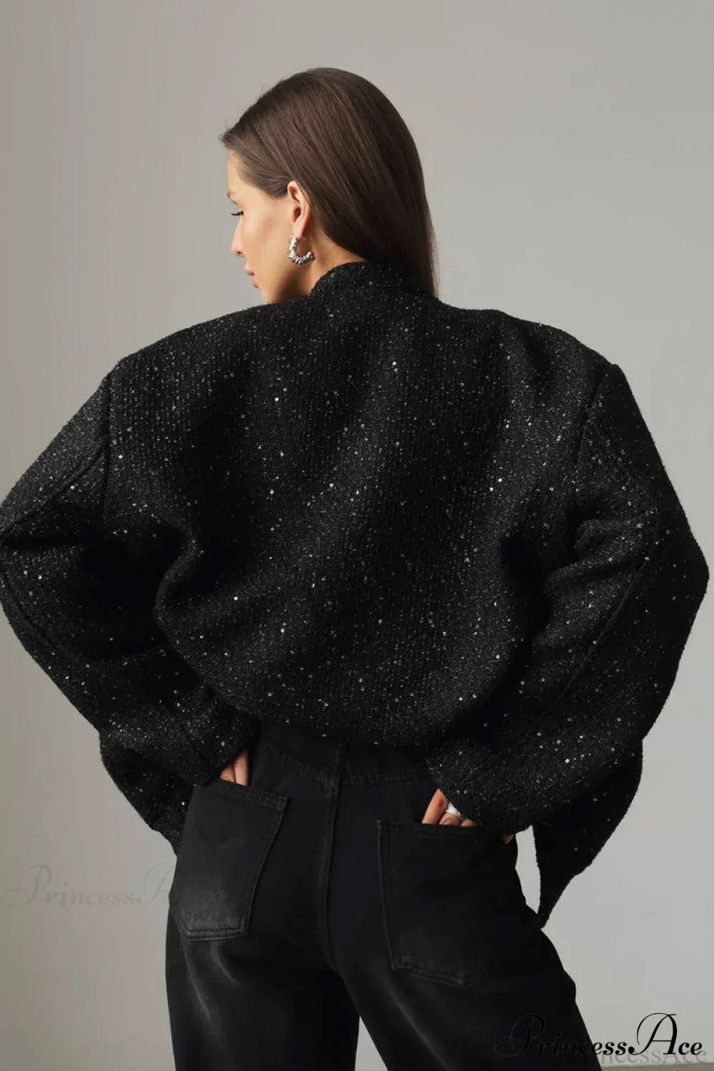 Metallic Sequin Stand Collar Loose Fashion Coat for Chic Style