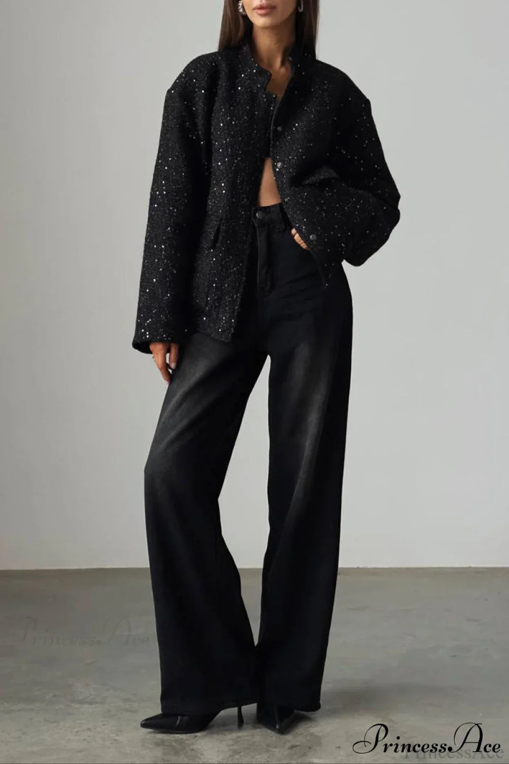 Metallic Sequin Stand Collar Loose Fashion Coat for Chic Style