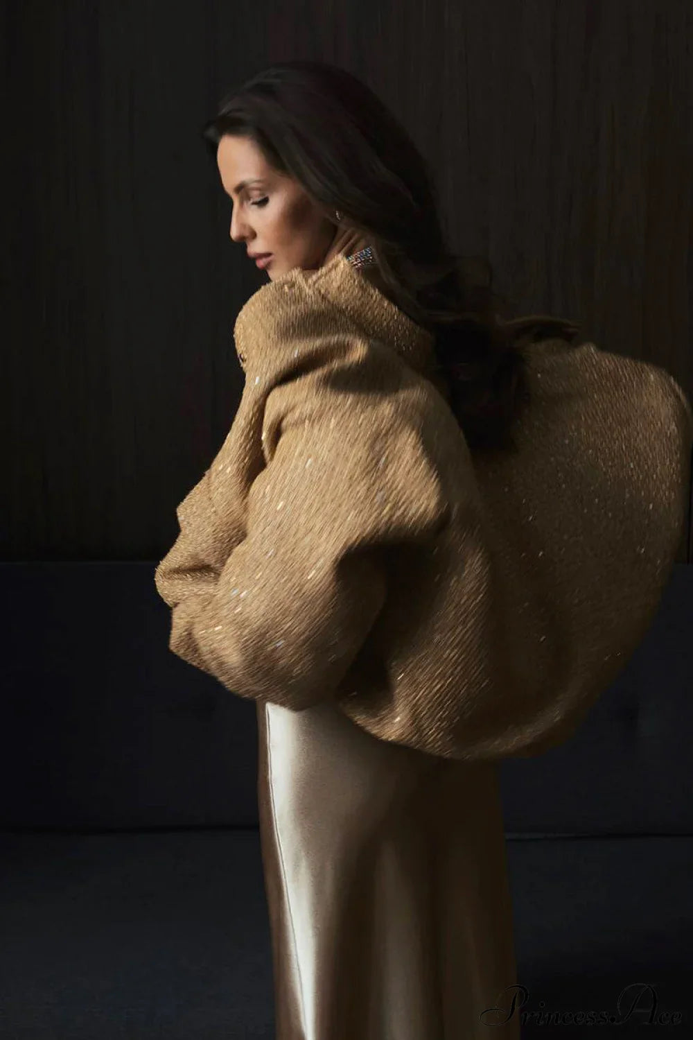 Metallic Sequin Stand Collar Loose Fashion Coat for Chic Style