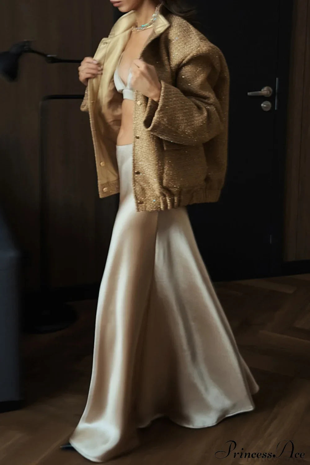 Metallic Sequin Stand Collar Loose Fashion Coat for Chic Style