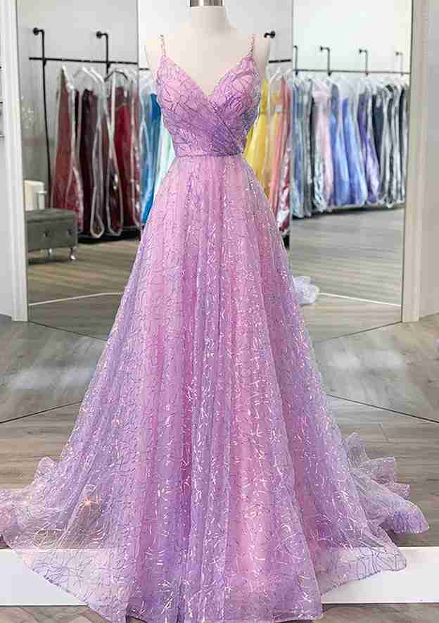 Sequined A-Line V-Neck Prom Dress/Evening Dress With Pleated Sweep Train - Fashionpara
