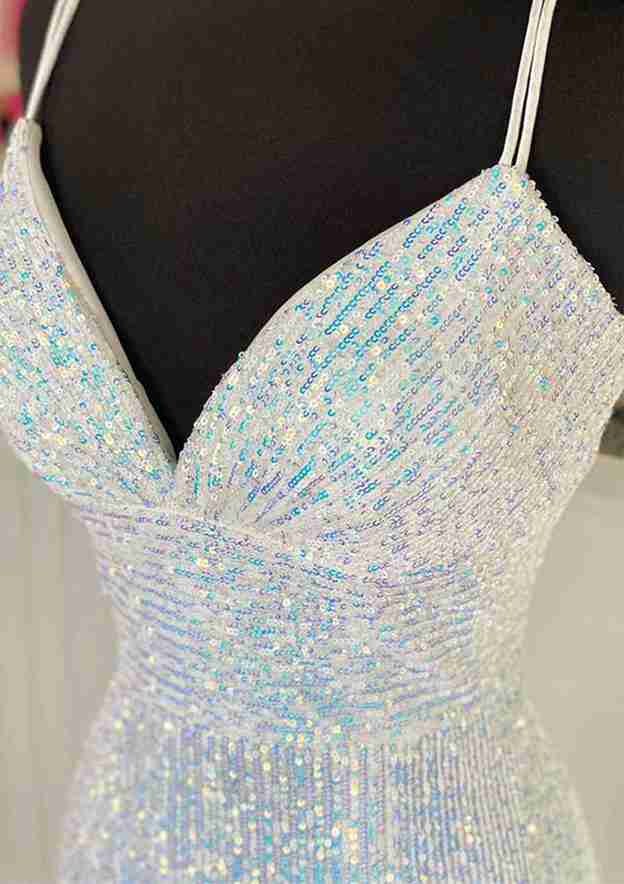 Sequined Prom Dress/Evening Dress With Pleated Sheath/Column V-Neck Spaghetti Straps and Sweep Train - Fashionpara