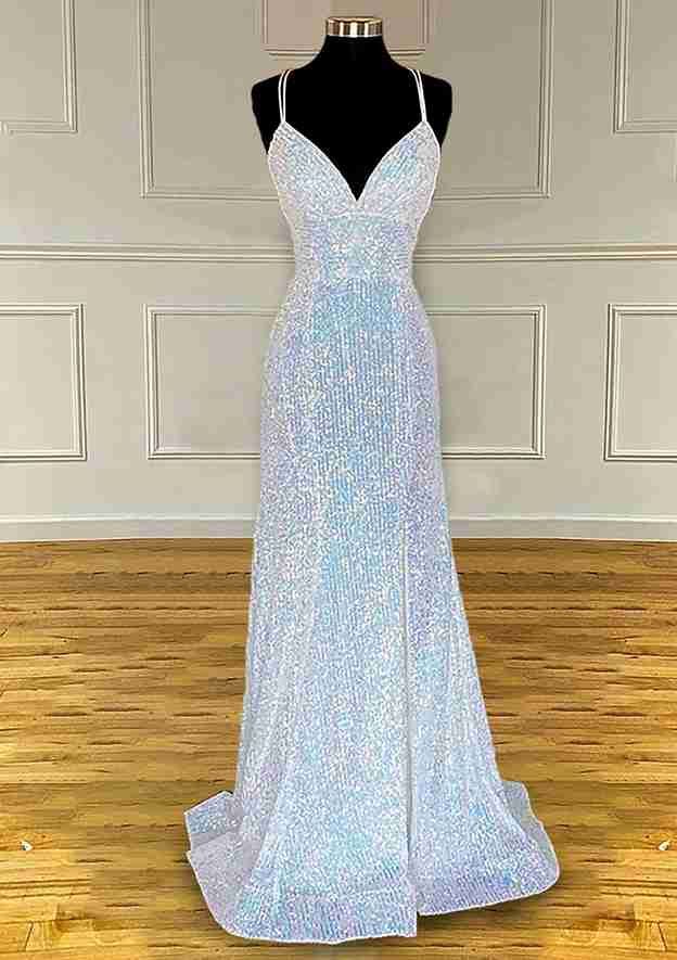 Sequined Prom Dress/Evening Dress With Pleated Sheath/Column V-Neck Spaghetti Straps and Sweep Train - Fashionpara