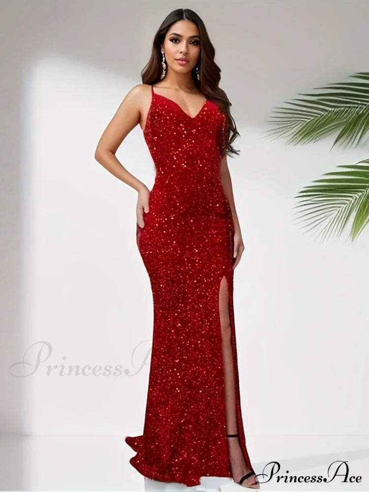 Sequined V-Neck Backless Party Dress