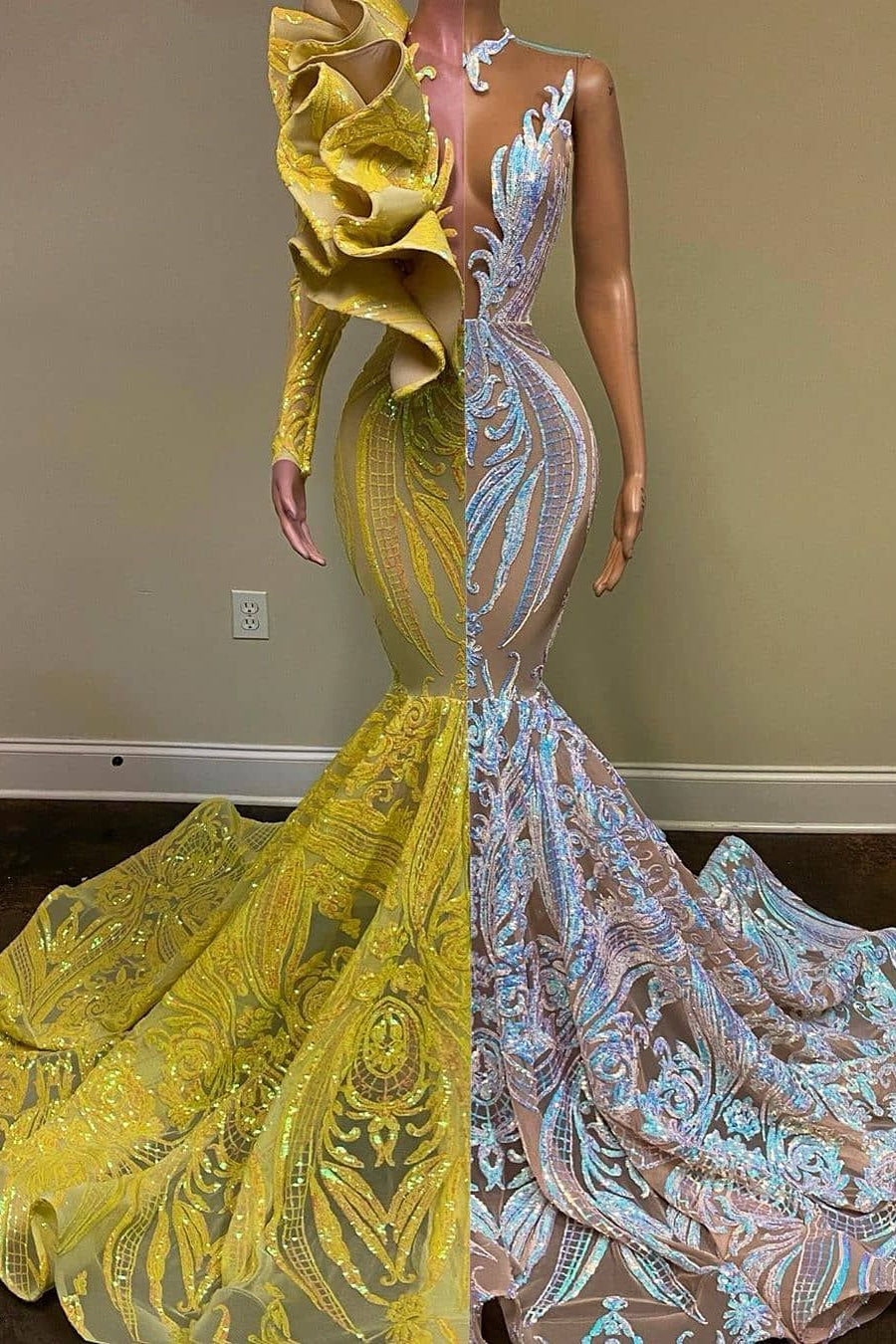 Sequins Mermaid Prom Dress Long With Ruffle - Fashionpara