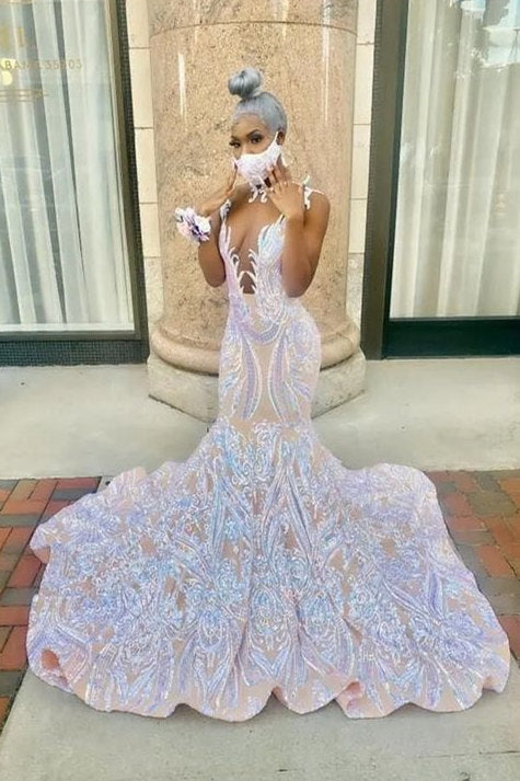 Sequins Prom Dress Mermaid Sequins Sleeveless Long - Fashionpara