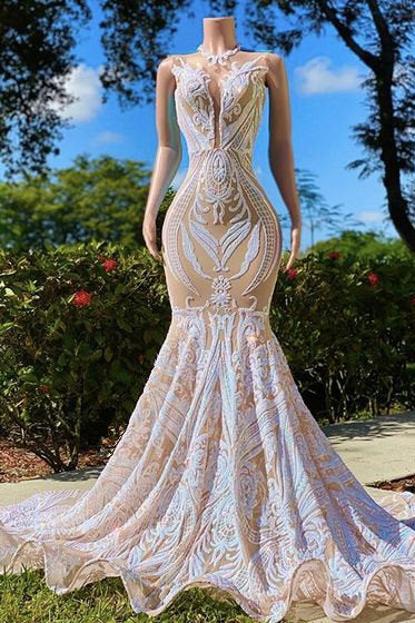 Sequins Prom Dress Mermaid Sequins Sleeveless Long - Fashionpara