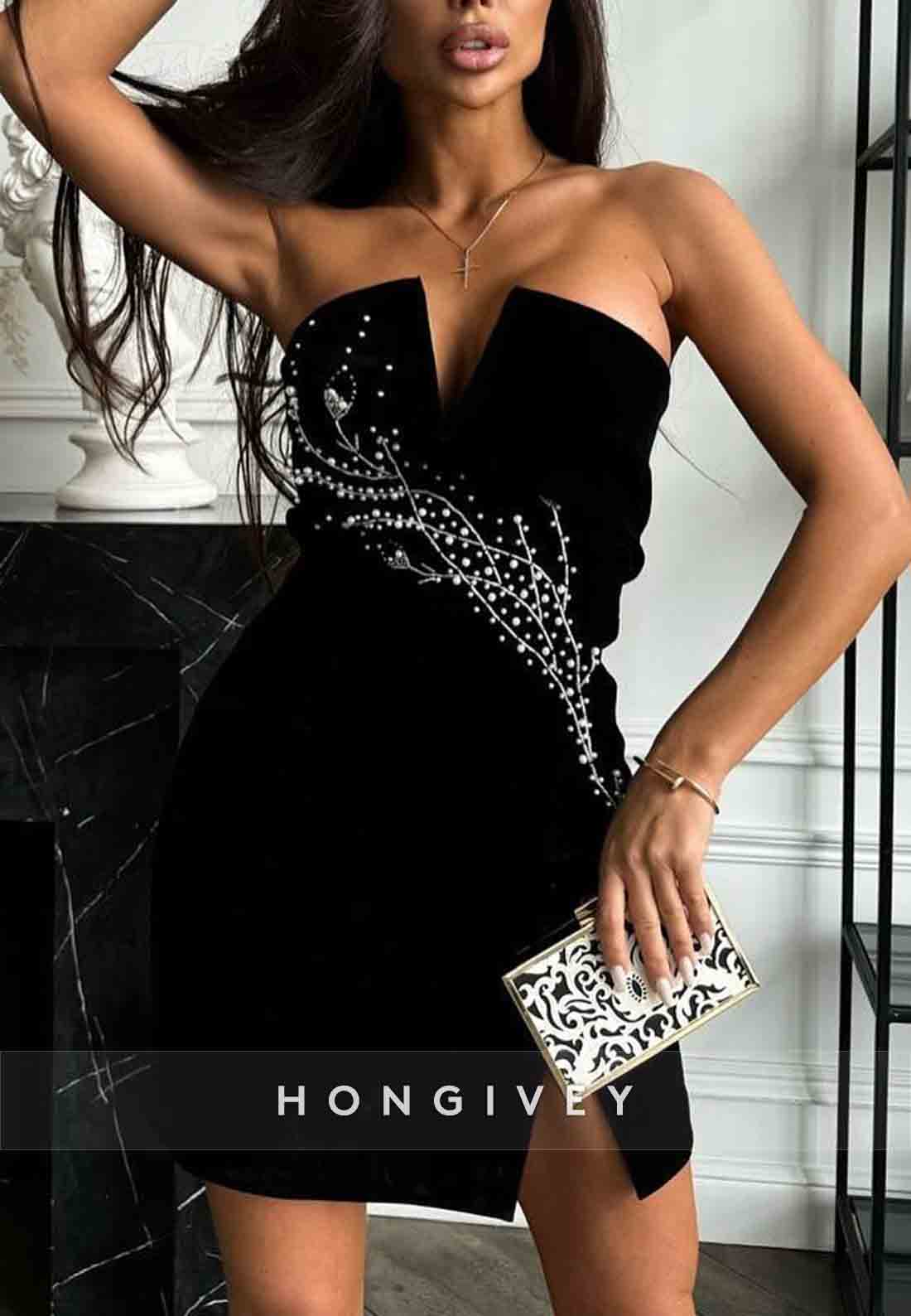 V-Neck Strapless Sheath Side Slit Appliqued Sleeveless Mini Homecoming Dresses