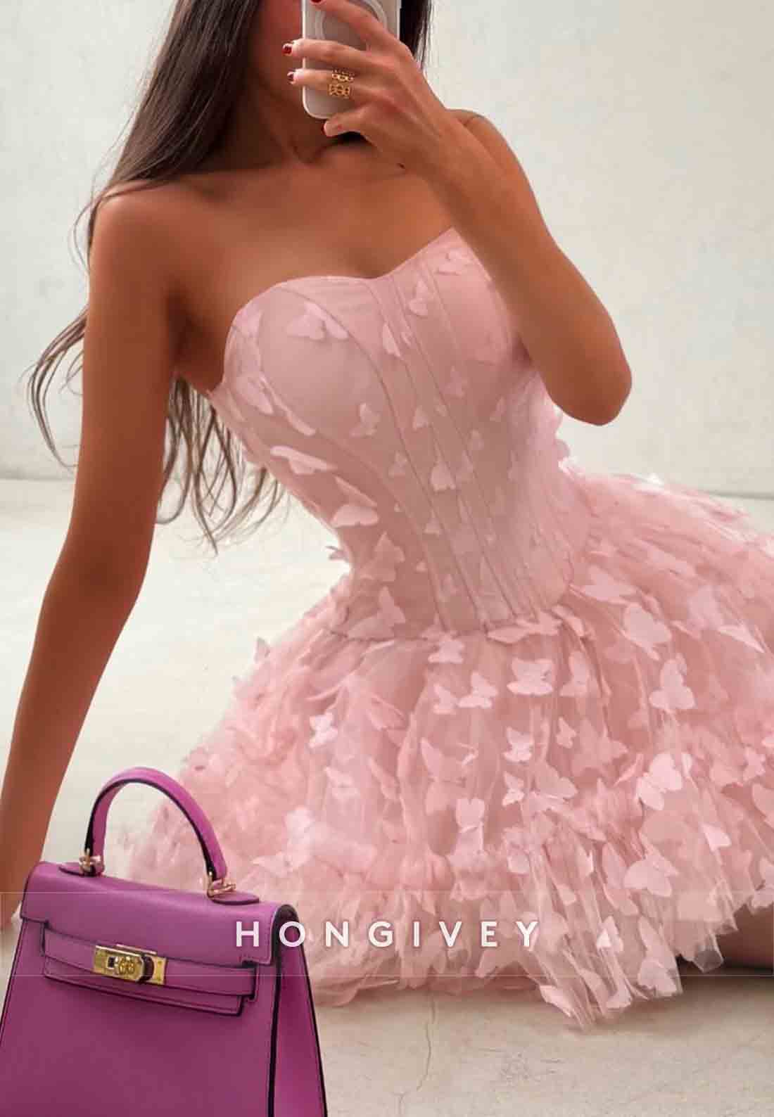 Butterfly Strapless Ball Gown Sweetheart Sleeveless Mini Homecoming Dresses
