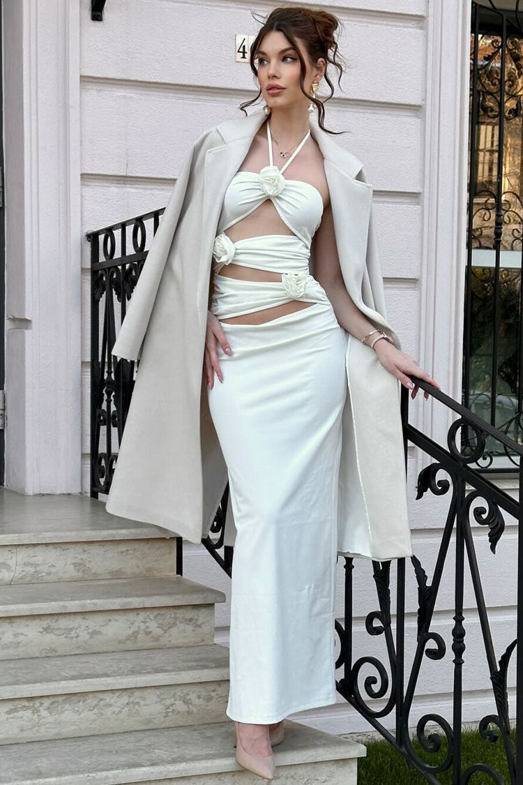 Sexy 3D Flower Trim Halter Neck Cutout Ruched Formal Maxi Dress - White - Fashionpara