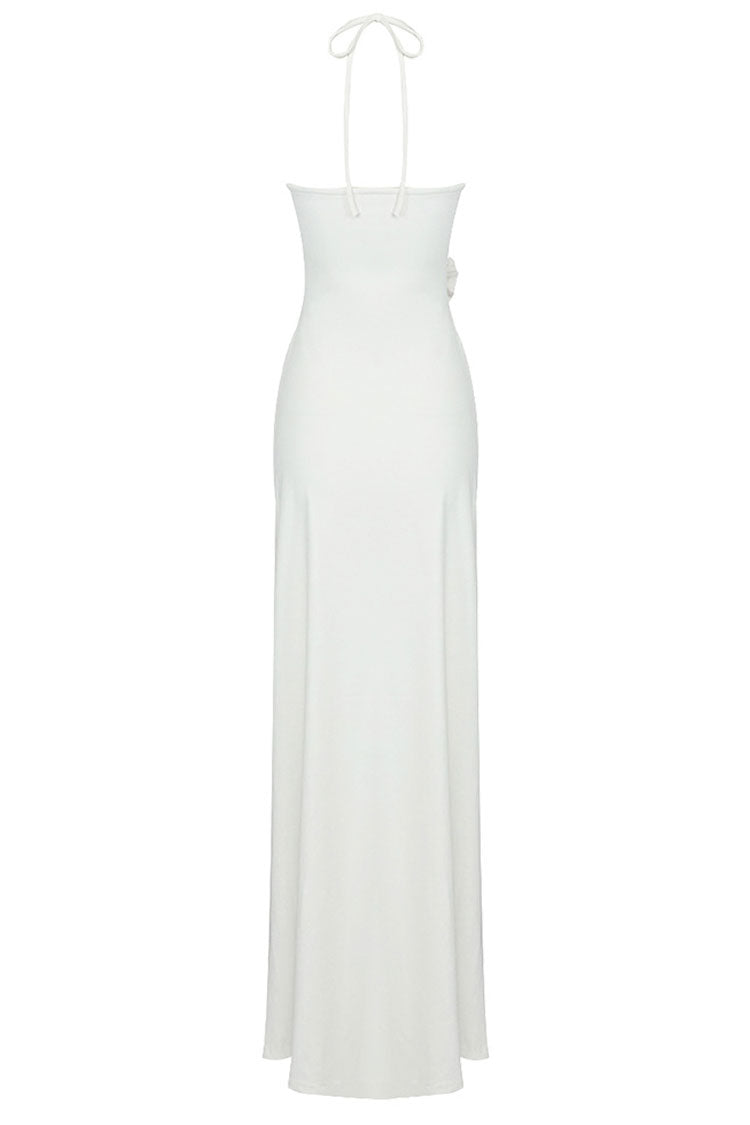 3D Floral Halter Neck Cut Out Ruched Maxi Dress - View 7