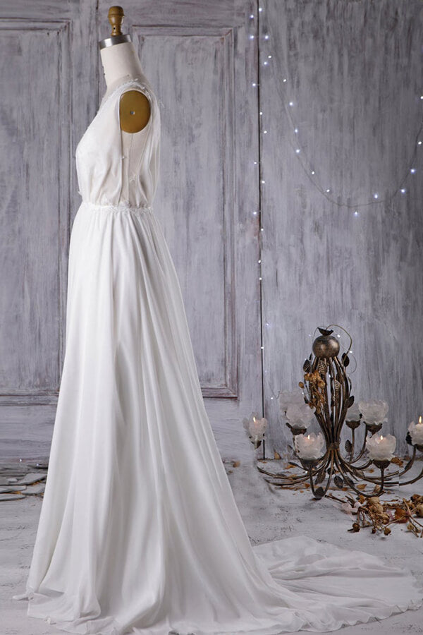 Sexy A-line V-Neck Chiffon Wedding Dress Sleeveless Lace Appliques Bridal Gowns On Sale - Fashionpara