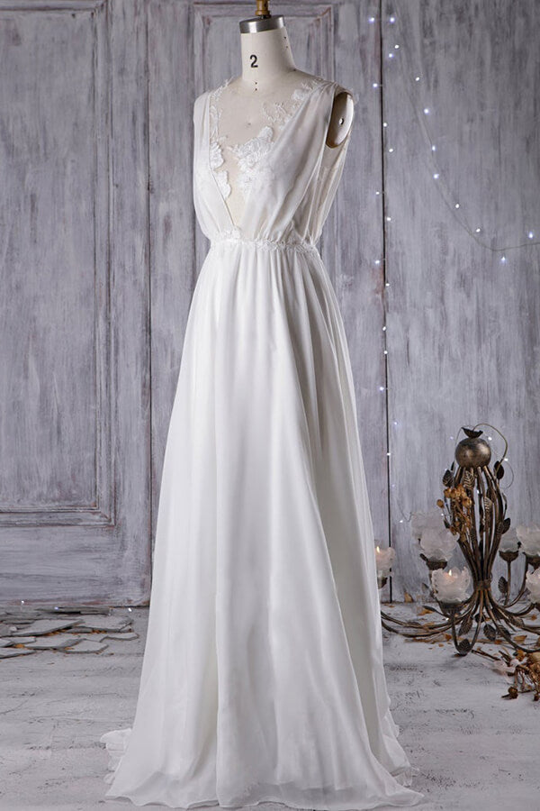 Sexy A-line V-Neck Chiffon Wedding Dress Sleeveless Lace Appliques Bridal Gowns On Sale - Fashionpara