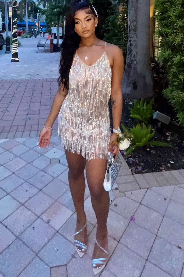 Sexy Backless Deep V Rhinestone Fringe Sheer Mesh Party Mini Dress - Silver Fashionpara